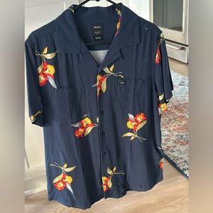 RVCA Men's Dark Blue Shirt with Red and Yellow Floral Design